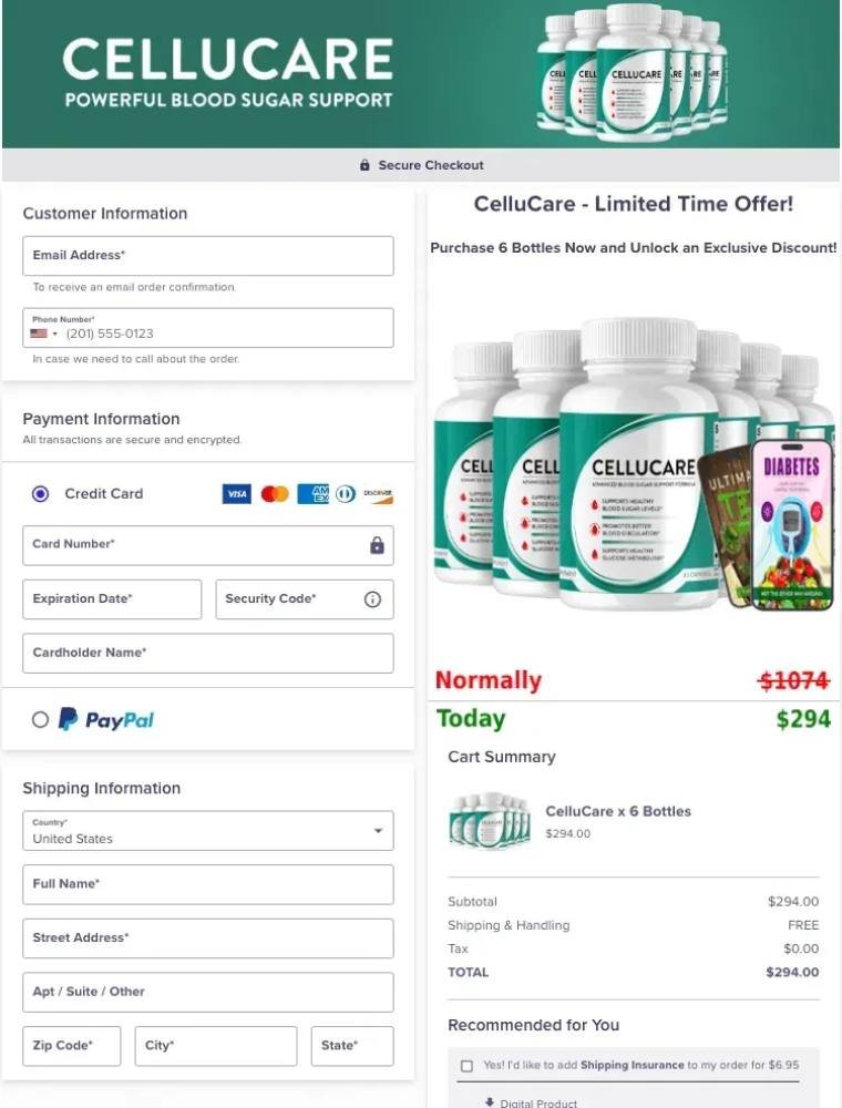 Secure checkout for CelluCare supplement purchase
